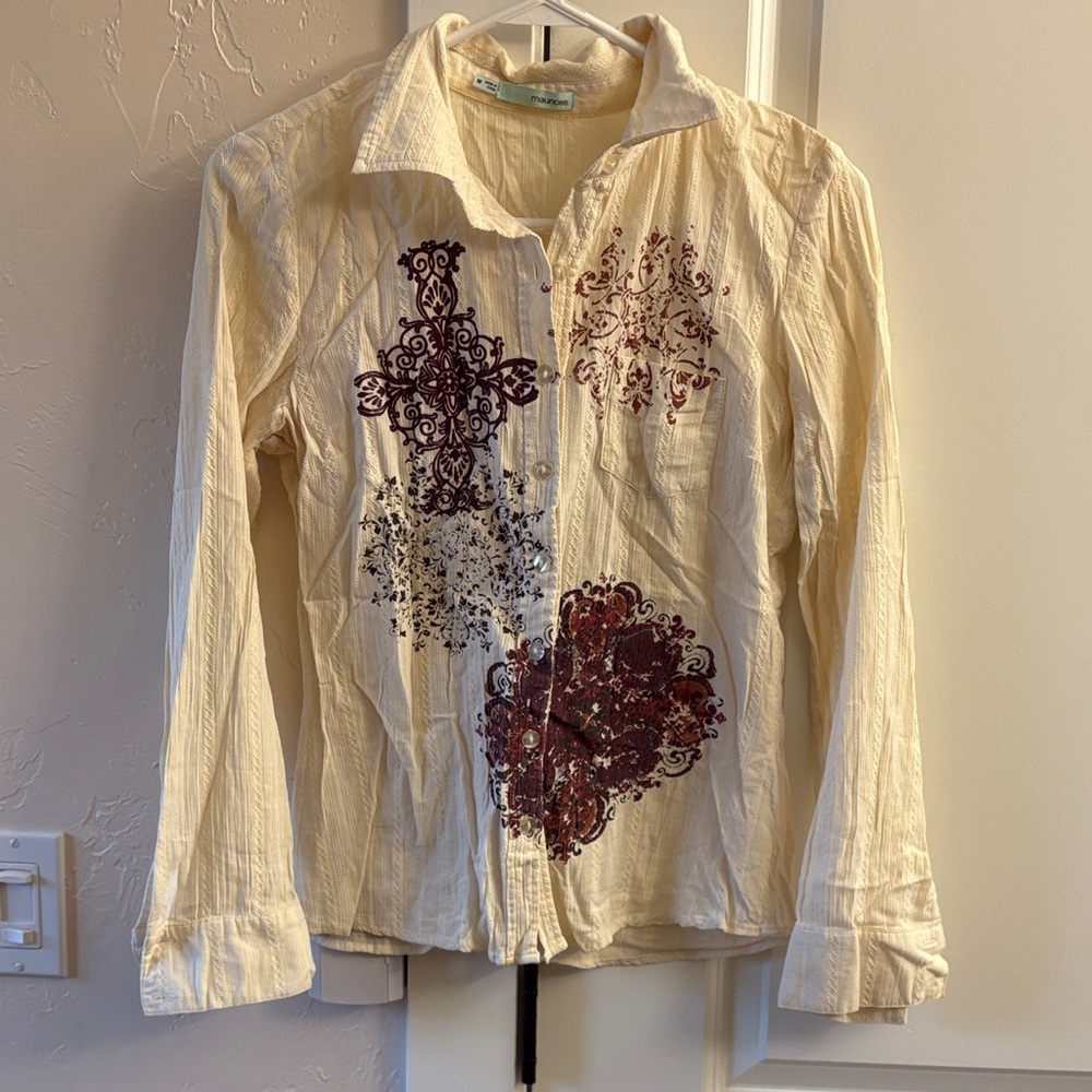 Maurices Cream Button Down Shirt with Burgundy Design